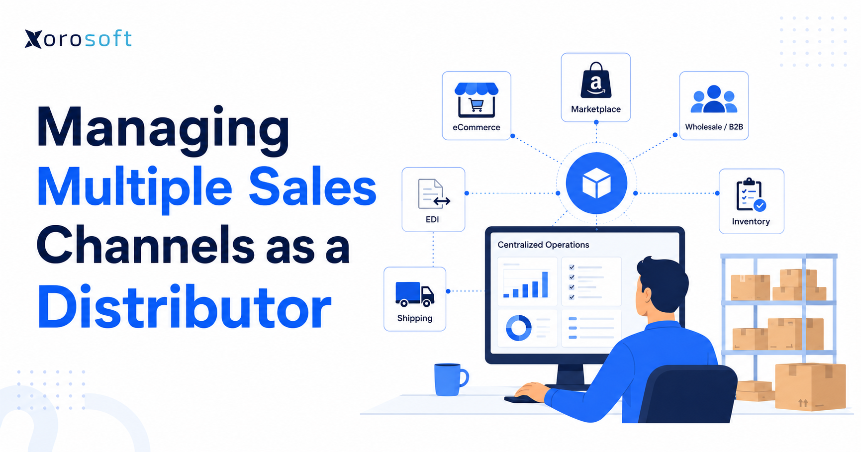 Managing multiple sales channels as a distributor using centralized ecommerce, marketplace, wholesale, EDI, inventory, and shipping operations.