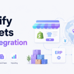Minimalist blog banner for Xorosoft showing the title “Shopify Markets ERP Integration” with global selling, inventory, duties and taxes, reporting icons, and an ERP integration illustration with world currencies and Shopify storefront visuals.