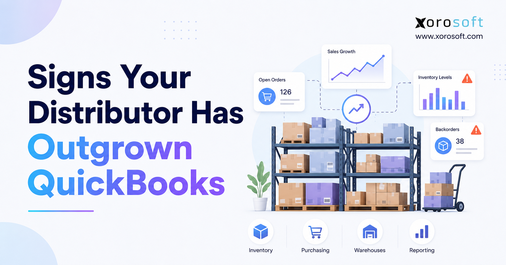 Minimalist blog banner for “Signs Your Distributor Has Outgrown QuickBooks” featuring bold navy and blue-purple gradient text on the left, Xorosoft logo and website at the top right, and a warehouse illustration on the right with shelves, boxes, charts, open orders, inventory levels, backorders, and icons for inventory, purchasing, warehouses, and reporting.
