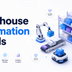Warehouse automation trends illustration showing smart robotics, connected warehouse shelving, conveyor systems, barcode scanning, real-time visibility, and fulfillment analytics.