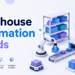 Warehouse automation technology showing autonomous robots, smart storage, order processing, and real-time warehouse data.