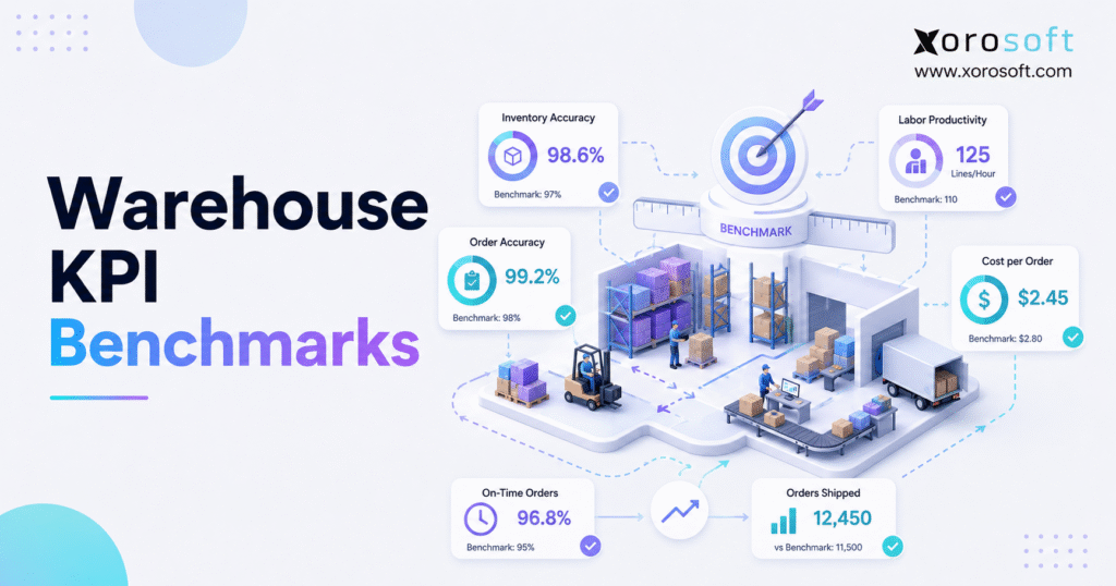 Warehouse KPI benchmarks dashboard for inventory accuracy, fulfillment speed, labor productivity, and warehouse cost.