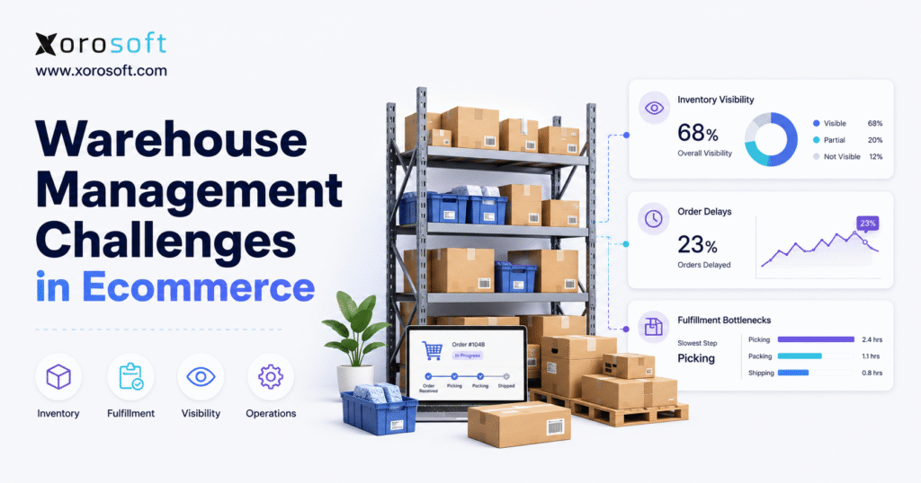 Ecommerce warehouse management challenges dashboard showing inventory, orders, picking, packing, and shipping workflows