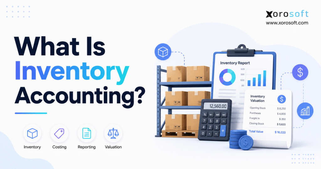 What is inventory accounting blog image showing warehouse inventory, valuation report, calculator, and financial reporting dashboard
