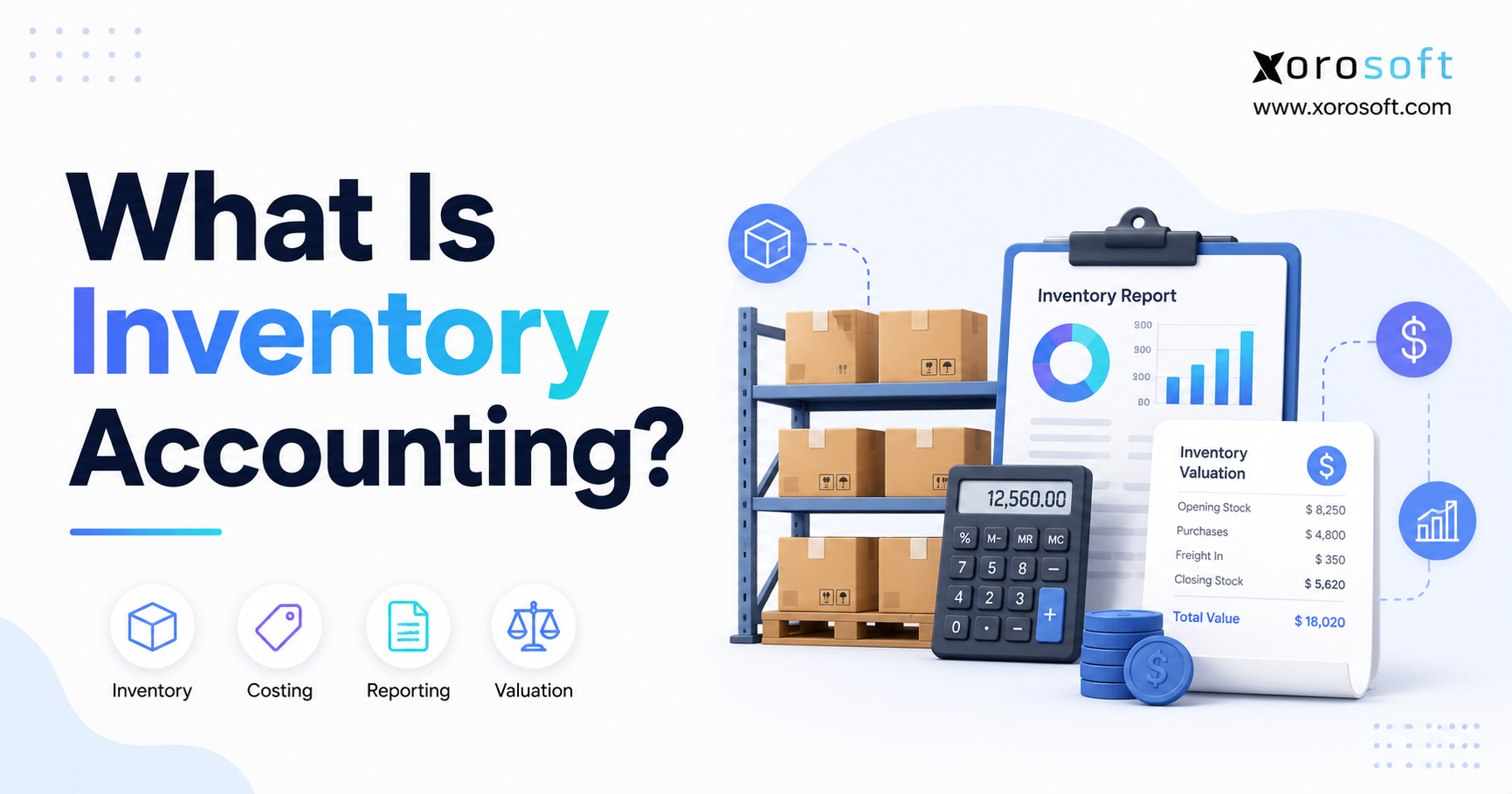 What is inventory accounting blog image showing warehouse inventory, valuation report, calculator, and financial reporting dashboard