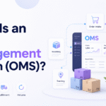 Minimalist blog banner for Xorosoft titled “What Is an Order Management System (OMS)?” featuring bold navy and blue-purple gradient text on the left, and an OMS dashboard illustration on the right connected to modules for order intake, inventory, fulfillment, tracking, and returns, with shipping boxes and the Xorosoft logo and website at the top right.
