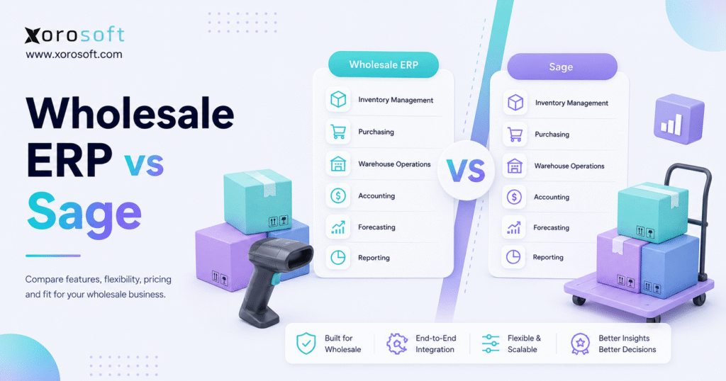 Wholesale ERP workflow connecting inventory, purchasing, warehouse, accounting, and ecommerce.