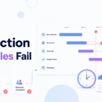 Minimalist blog banner for “Why Production Schedules Fail” featuring a production timeline, delay alerts, clock, calendar, warehouse boxes, and Xorosoft branding.