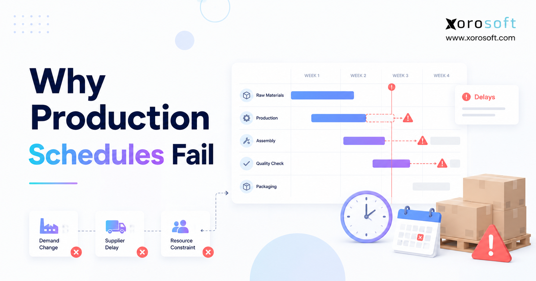 Minimalist blog banner for “Why Production Schedules Fail” featuring a production timeline, delay alerts, clock, calendar, warehouse boxes, and Xorosoft branding.