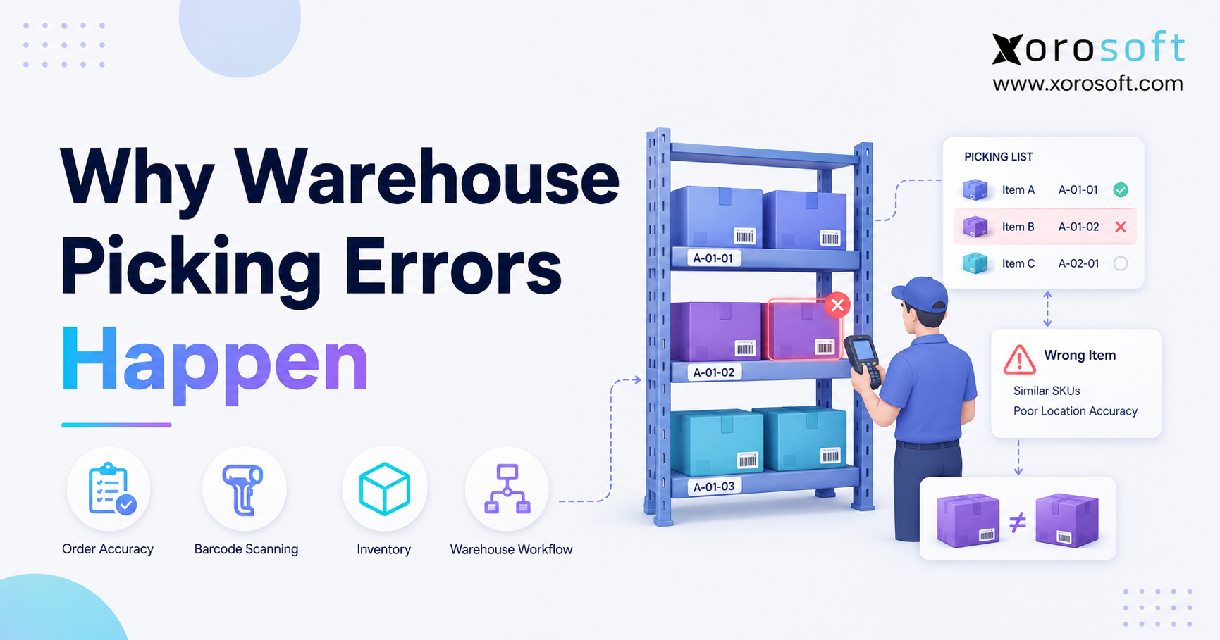 Warehouse picking errors caused by wrong item selection, similar SKUs, and poor bin location accuracy
