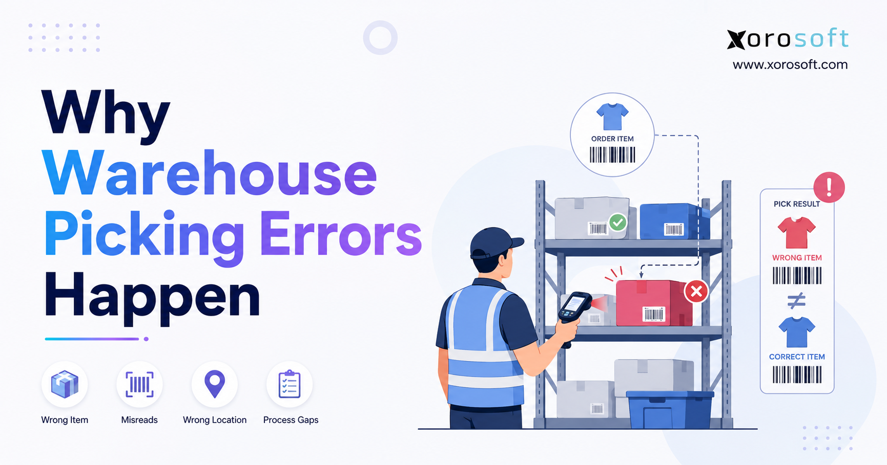 Why warehouse picking errors happen, showing a warehouse worker scanning the wrong item on a storage rack.