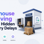 Minimalist Xorosoft blog graphic illustrating warehouse receiving delays, with pallets moving from received to pending and finally available inventory.