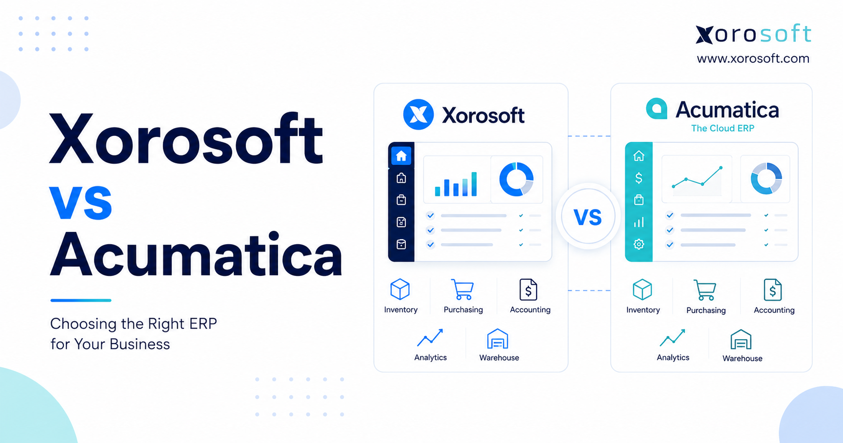 Xorosoft vs Acumatica ERP comparison graphic showing inventory, purchasing, accounting, analytics, and warehouse management capabilities.