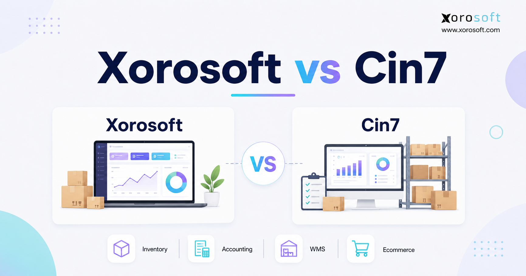 Xorosoft vs Cin7 comparison image showing inventory, accounting, WMS, and ecommerce features for growing businesses.