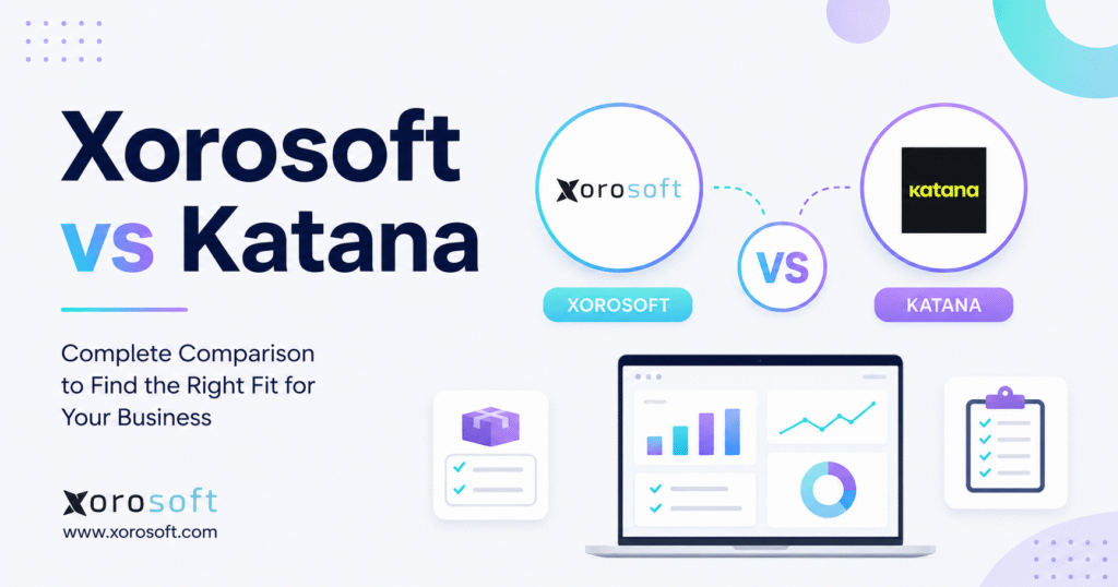 Xorosoft Katana comparison featuring ERP, manufacturing, inventory, analytics, and business operations software visuals.