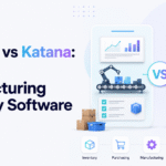 Minimalist Xorosoft blog banner titled “Xorosoft vs Katana: ERP vs Manufacturing Inventory Software,” featuring the Xorosoft logo, a clean side-by-side comparison graphic, warehouse and manufacturing visuals, and icons for inventory, purchasing, manufacturing, analytics, and operations.