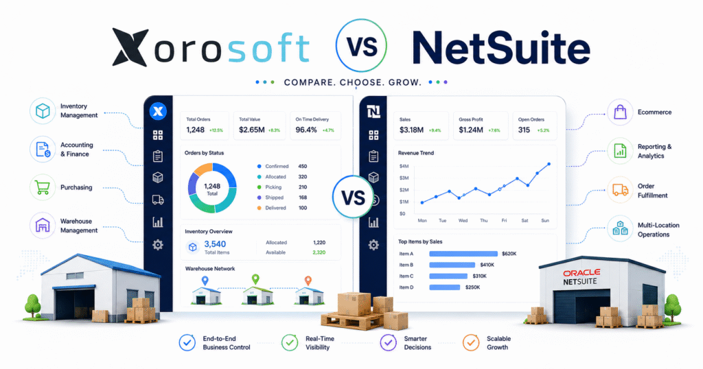 Xorosoft vs NetSuite comparison graphic showing side-by-side ERP dashboards, inventory and accounting features, warehouse operations, ecommerce workflows, and business growth benefits in a clean, colorful layout.