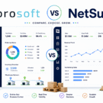 Xorosoft vs NetSuite comparison graphic showing side-by-side ERP dashboards, inventory and accounting features, warehouse operations, ecommerce workflows, and business growth benefits in a clean, colorful layout.