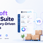 Minimalist blog banner comparing Xorosoft vs NetSuite for inventory-driven businesses, featuring dashboard panels, warehouse boxes, and icons for inventory, purchasing, analytics, and operations.