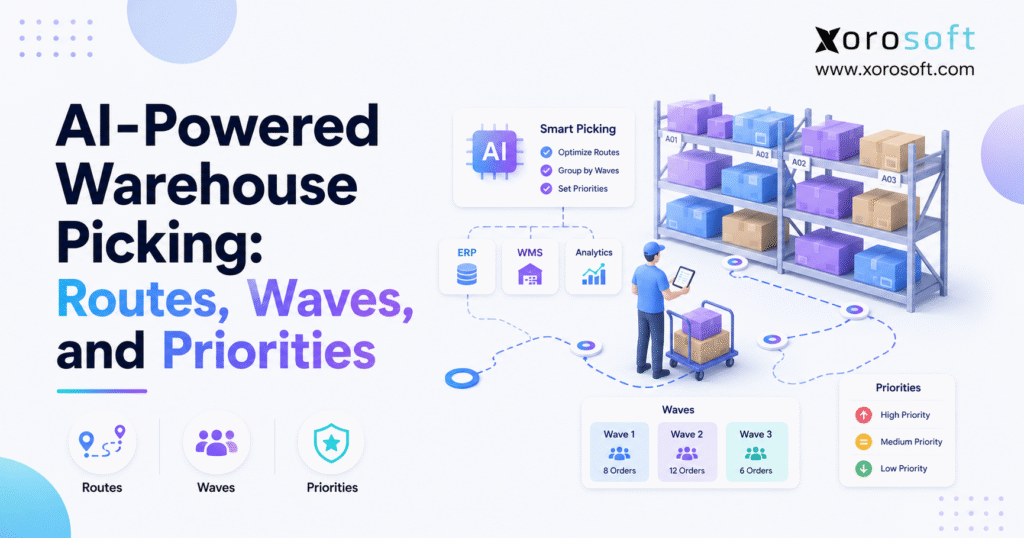 AI warehouse picking system optimizing routes, waves, and order priorities