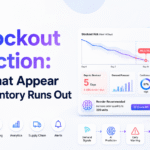 AI stockout prediction blog banner showing a stockout risk dashboard, warehouse shelves, and early warning inventory signals before products run out.