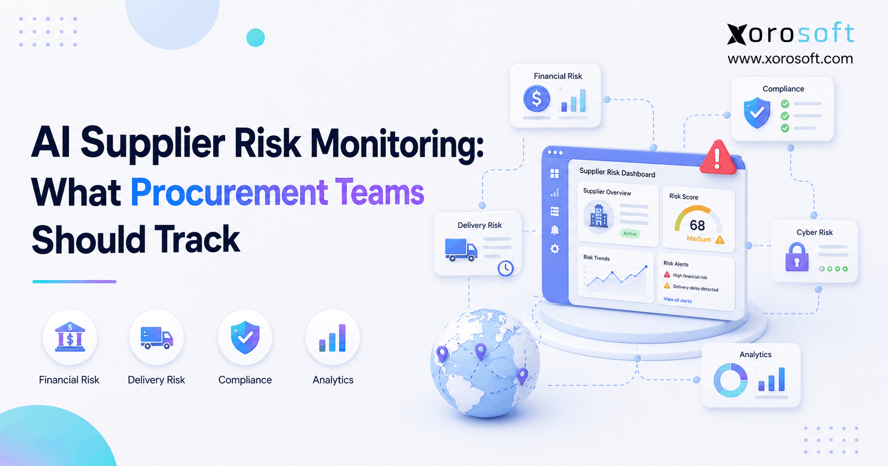 AI Supplier Risk Monitoring What Procurement Teams Should Track AI supplier risk monitoring dashboard showing financial, delivery, compliance, cyber, and quality risk signals.