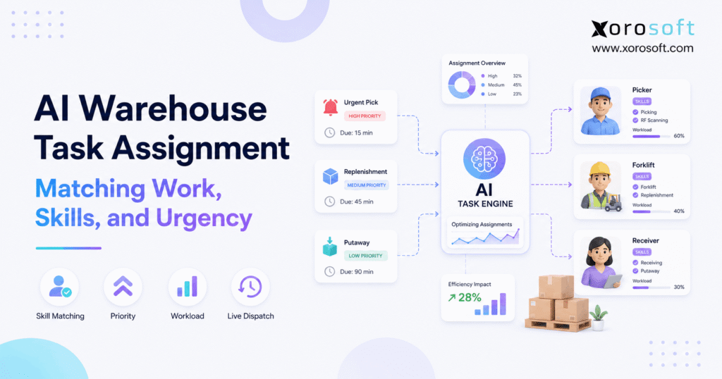AI warehouse task assignment matching urgent warehouse work with employee skills, workload, and priority.