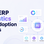 AI in ERP statistics and adoption trends dashboard illustration with inventory, finance, operations, and analytics.