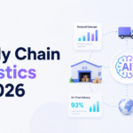 AI in Supply Chain Statistics for 2026 banner with supply chain icons and Xorosoft branding.