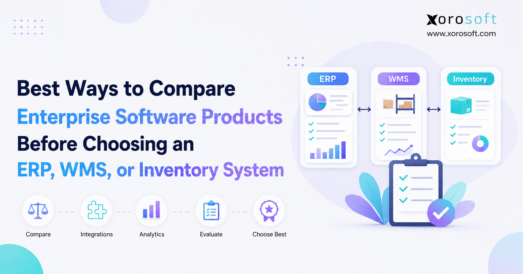 Best Ways to Compare Enterprise Software Products Before Choosing an ERP, WMS, or Inventory System Enterprise software comparison graphic showing ERP, WMS, and inventory system cards with checklist visuals and the title “Best Ways to Compare Enterprise Software Products Before Choosing an ERP, WMS, or Inventory System.