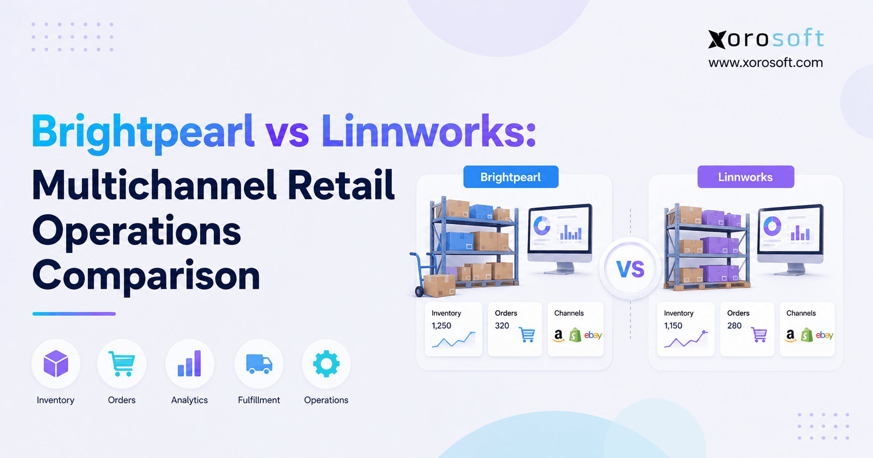 Brightpearl vs Linnworks multichannel retail operations comparison showing inventory, orders, analytics, fulfillment, and ecommerce channel workflows.