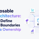 Minimalist blog banner for “Composable ERP Architecture: How to Define System Boundaries and Data Ownership,” featuring a central ERP hub connected to eCommerce, WMS, PIM, CRM, Analytics, and Data Ownership modules, with Xorosoft logo and website in the top-right corner.
