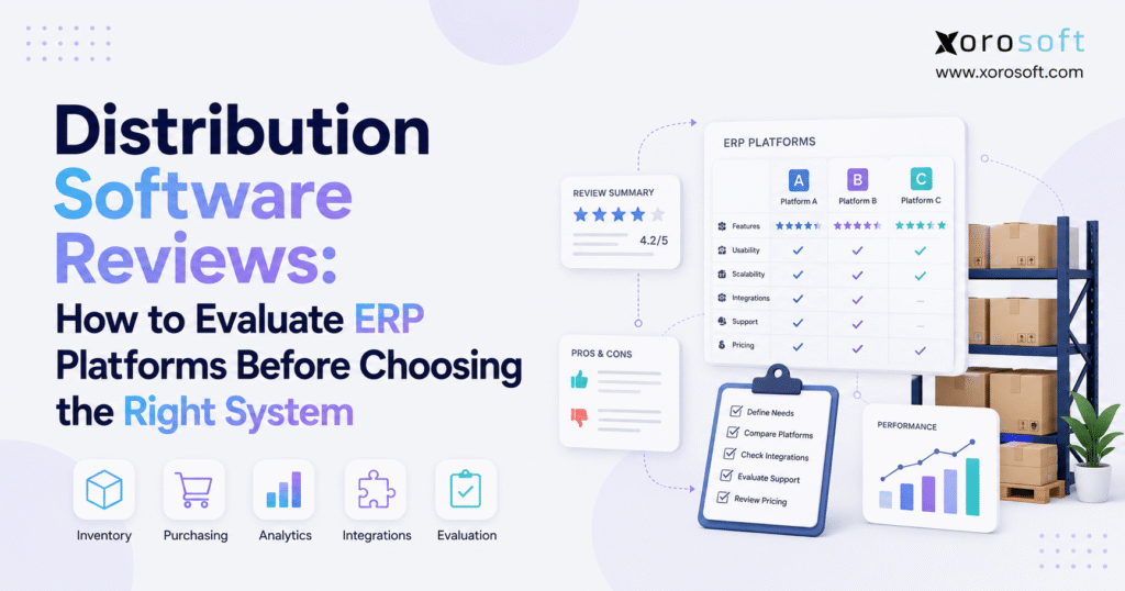 Minimalist blog banner for “Distribution Software Reviews: How to Evaluate ERP Platforms Before Choosing the Right System,” featuring review cards, an ERP comparison dashboard, a checklist, warehouse shelves with boxes, and Xorosoft branding.