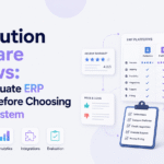 Minimalist blog banner for “Distribution Software Reviews: How to Evaluate ERP Platforms Before Choosing the Right System,” featuring review cards, an ERP comparison dashboard, a checklist, warehouse shelves with boxes, and Xorosoft branding.