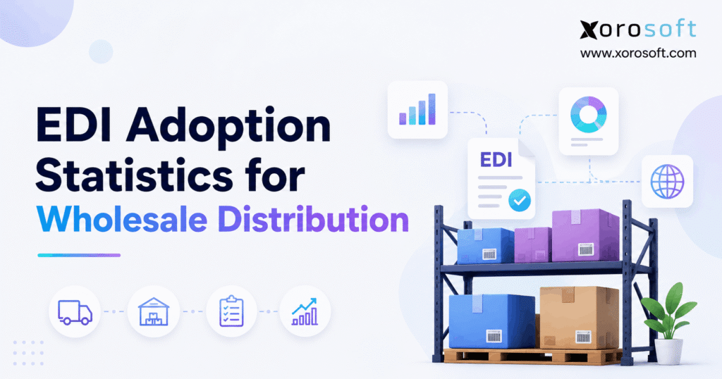 EDI adoption statistics for wholesale distribution with EDI data charts, warehouse inventory, shipping boxes, and delivery operations.