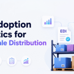 EDI adoption statistics for wholesale distribution with EDI data charts, warehouse inventory, shipping boxes, and delivery operations.