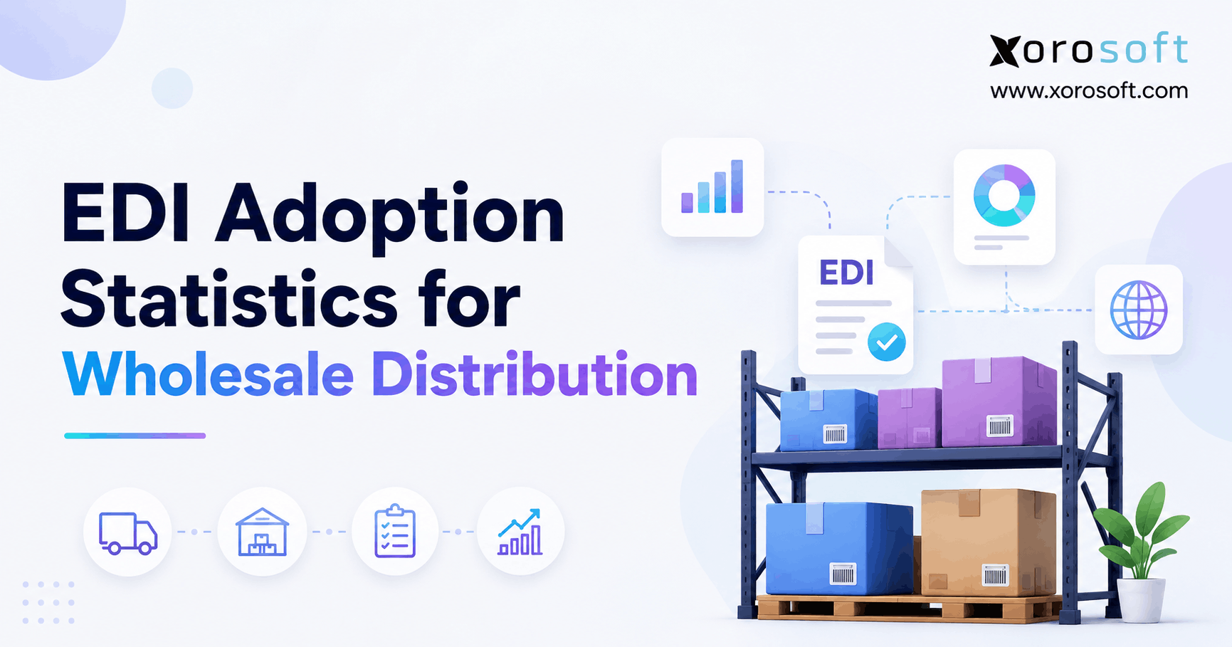 EDI adoption statistics for wholesale distribution with EDI data charts, warehouse inventory, shipping boxes, and delivery operations.