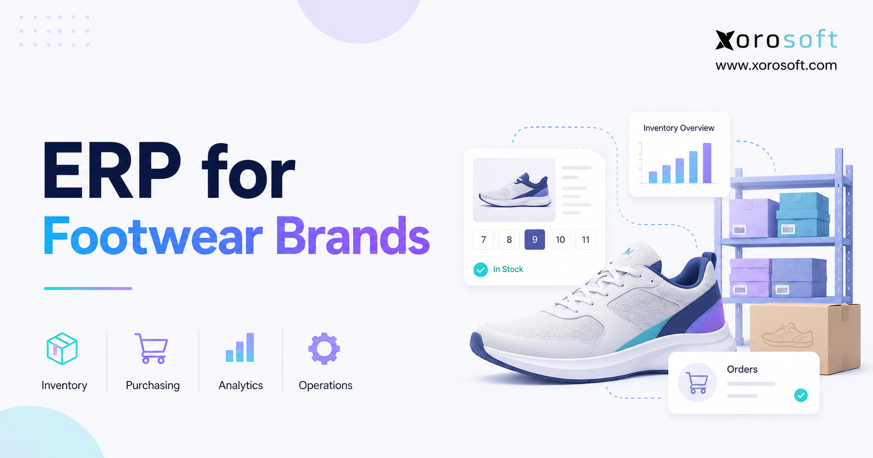 Minimalist blog banner for ERP for Footwear Brands featuring a large sneaker, warehouse shelves, inventory and order dashboard cards, and the Xorosoft logo.