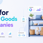 Minimalist blog banner for “ERP for Home Goods Companies” featuring the Xorosoft logo, a warehouse shelf with home goods, and icons for inventory, purchasing, warehousing, orders, stock movement, and analytics.