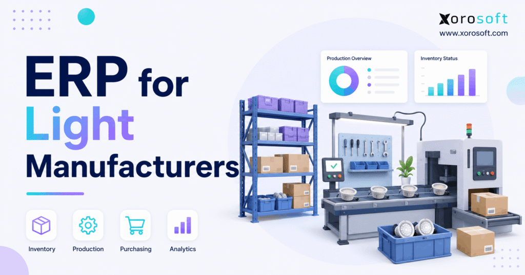 ERP for light manufacturers showing production, inventory, purchasing, analytics, warehouse shelving, and manufacturing equipment.