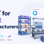 ERP for light manufacturers showing production, inventory, purchasing, analytics, warehouse shelving, and manufacturing equipment.