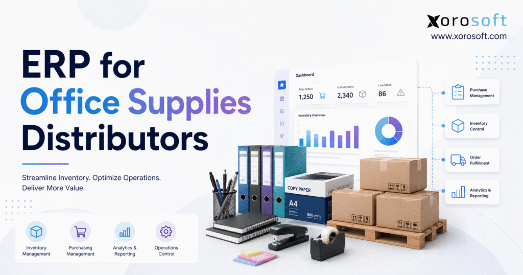 ERP for office supplies distributors blog banner showing Xorosoft branding, office supplies, inventory dashboard, warehouse boxes, and purchasing, inventory, fulfillment, and reporting features.