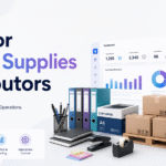 ERP for office supplies distributors blog banner showing Xorosoft branding, office supplies, inventory dashboard, warehouse boxes, and purchasing, inventory, fulfillment, and reporting features.