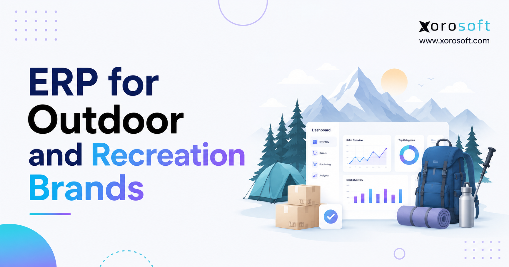 ERP for Outdoor and Recreation Brands with inventory dashboard, warehouse boxes, camping gear, and outdoor equipment