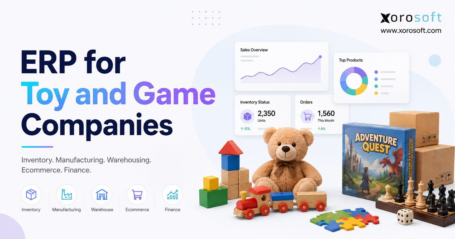 ERP for Toy and Game Companies ERP for Toy and Game Companies managing inventory, manufacturing, warehousing, ecommerce, and finance.
