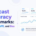 Minimalist Xorosoft blog banner titled “Forecast Accuracy Benchmarks: MAPE, WAPE, and Bias,” featuring analytics cards, forecast-vs-actual charts, and KPI panels for MAPE, WAPE, and bias.