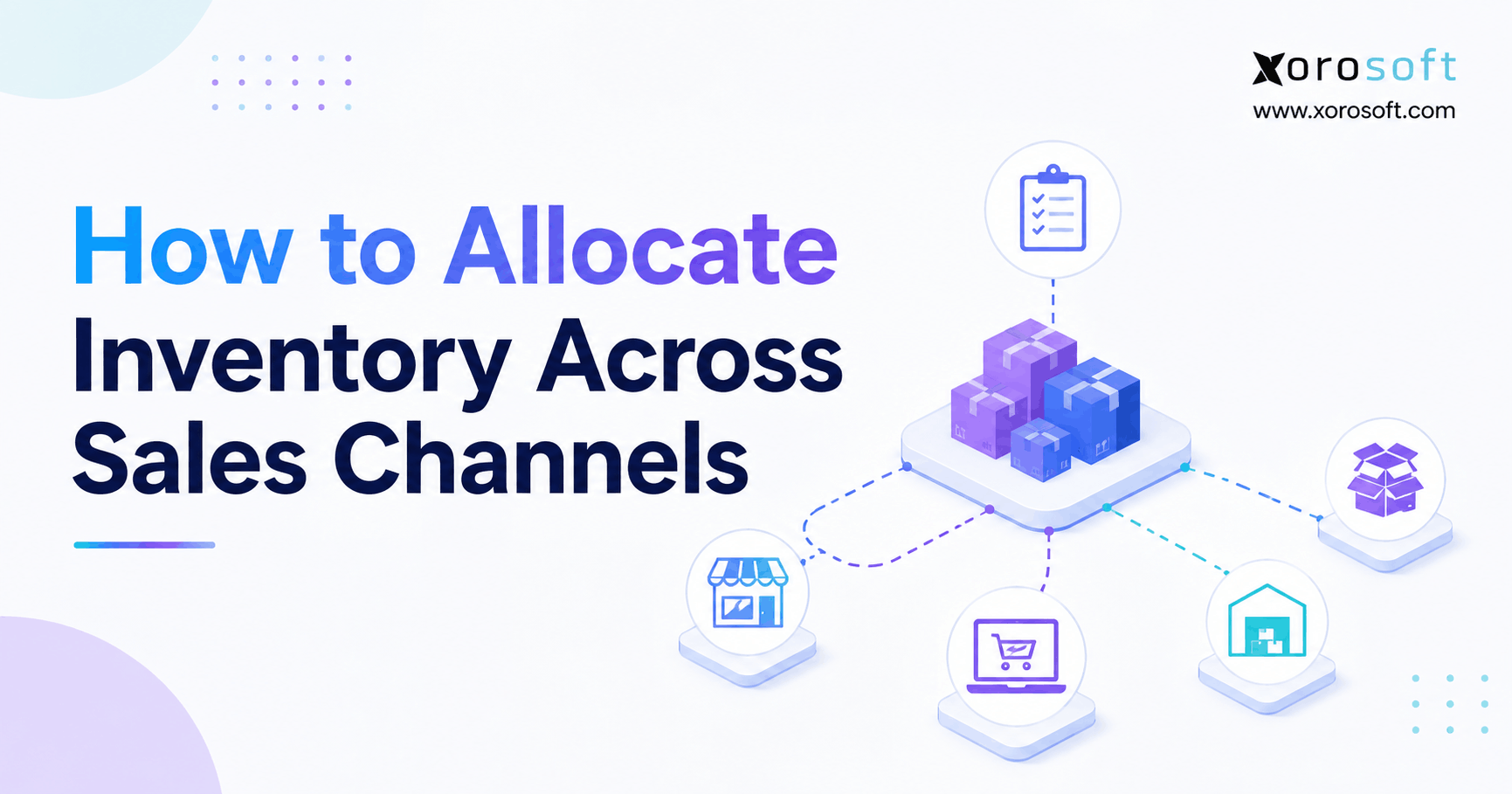 Illustration for a blog titled “How to Allocate Inventory Across Sales Channels” showing inventory boxes connected to multiple sales channel icons, with Xorosoft branding.
