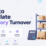 Xorosoft illustration explaining how to calculate inventory turnover using COGS and average inventory, with warehouse inventory, financial calculations, and reporting visuals.