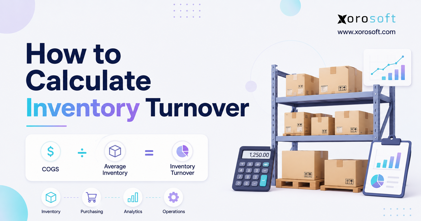 Xorosoft illustration explaining how to calculate inventory turnover using COGS and average inventory, with warehouse inventory, financial calculations, and reporting visuals.