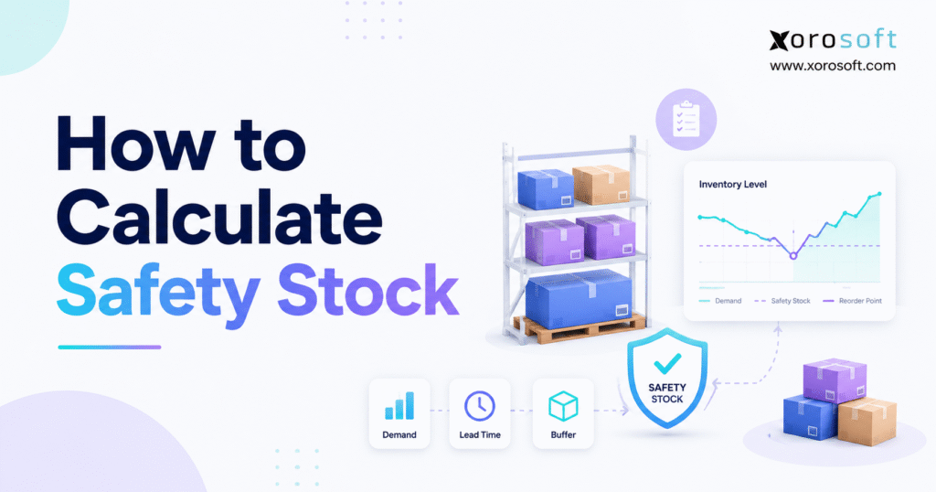 Minimalist blog banner for “How to Calculate Safety Stock” featuring warehouse shelves, inventory boxes, a stock level chart, and the Xorosoft logo.